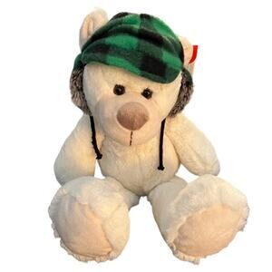 Gitzy White Stuffed Plush Bear Animal Green Buffalo Plaid Winter Hat Ear Flaps